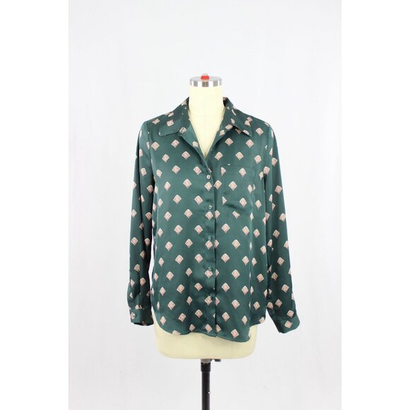 L'ACADEMIE Green Art Deco Shell Print Satin Button Down Shirt Blouse, Size XS - Picture 1 of 12